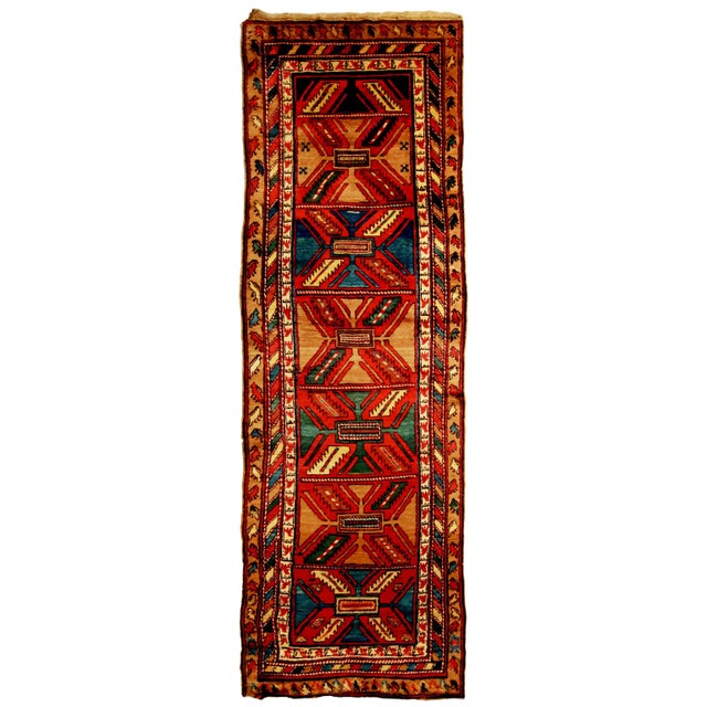 Antique Bakhshaish Red and Blue Geometric Wool Persian Runner With Bronze For Sale