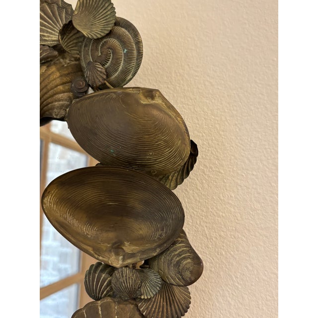Vintage Coastal Palm Beach Style / Dresden Style Patinated Brass Seashell Mirror For Sale - Image 9 of 13