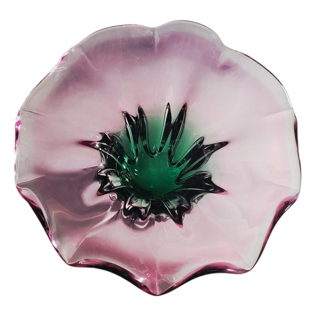 Murano Style Sommerso Art Glass Ruffled Centerpiece Bowl Pink Green 20" For Sale - Image 4 of 17