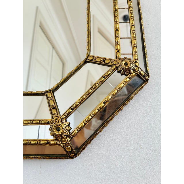 Wood Vintage Spanish Venetian-Style Wall Mirror, Octagonal Brass, 1980s Hollywood Regency For Sale - Image 7 of 9
