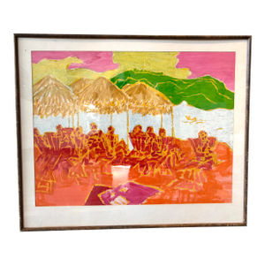 Vintage 1970s Island Beach Life Painting by Molly Schiff