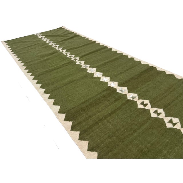 Handmade New Zealand Wool Dhurrie Runner, Olive Green and Cream Diamond Runner Rug- 4'x10' For Sale - Image 11 of 13