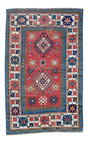 1890s Antique Kazak Caucasian Geometric Medallion Fire Brick Red Wool Pile Distressed Rug - 4’5” X 7'