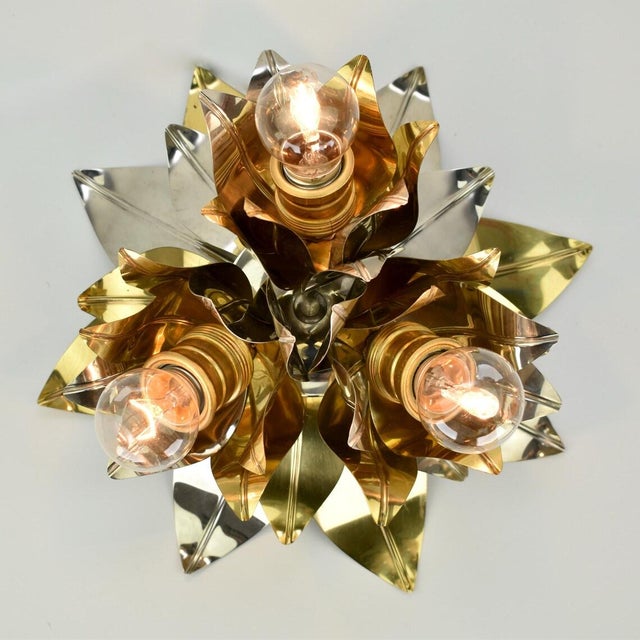 Vintage Mid Century Modern Maison Jansen Style Flush Mount | Gold Silver Brass Aluminium Flower Ceiling Light Fixture Lamp | Bagues Banci Italian For Sale - Image 10 of 10