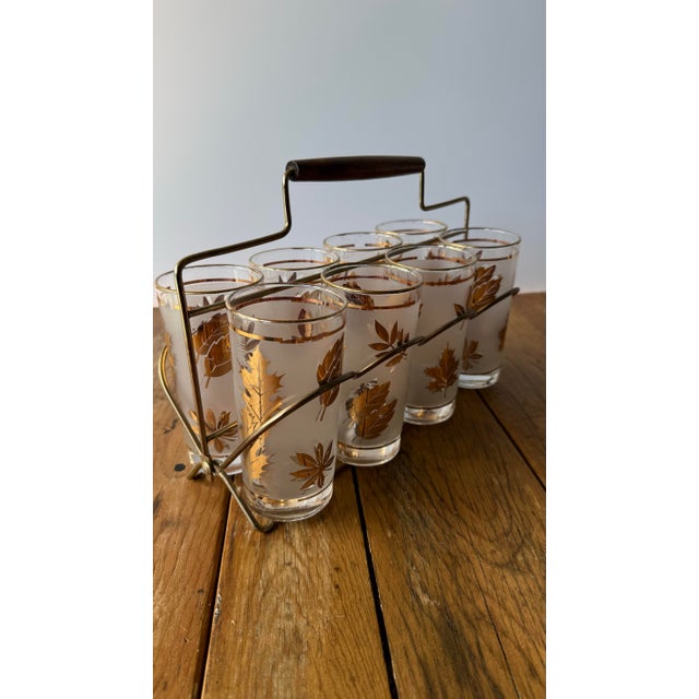 Mid 20th Century Mid-Century Modern Libby “Golden Foliage”Frosted Highball Glasses and Caddy Set of 8 For Sale - Image 5 of 11