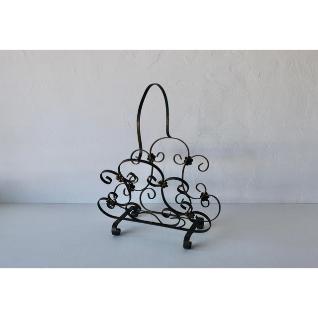 Metal Vintage Italian Scroll Work Rosettes Metal Green Gold Magazine Rack For Sale - Image 7 of 15