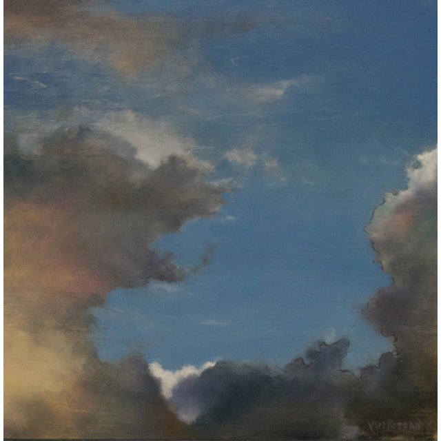 This oil painting captures a dynamic sky, where swirling clouds interact with a vibrant blue backdrop. The interplay of...
