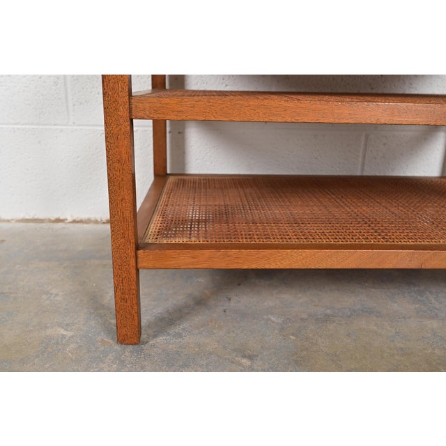 Paul McCobb Irwin Collection Mahogany, Brass, and Cane Leather Top Three-Tier Side Table, 1950s For Sale - Image 9 of 11