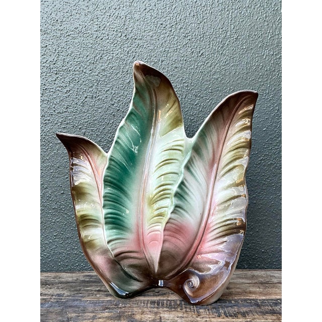 Vintage 1950s Glazed Ceramic Leaf Light For Sale - Image 4 of 12