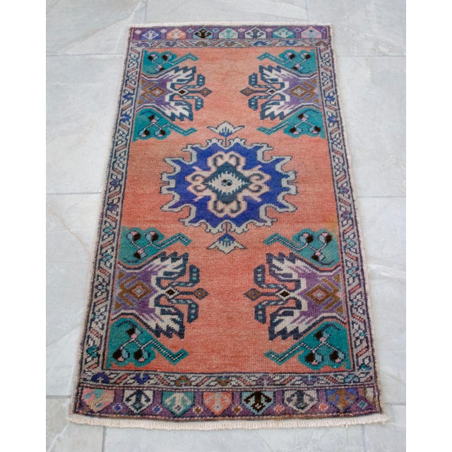 Hand Knotted Low Pile Wool Turkish Small Rug Faded Mat Entry Decor, Bath Mat - 1'8'' X 3' For Sale - Image 11 of 14