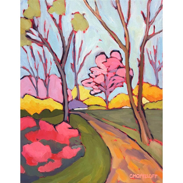 Spring Landscape Oil Painting, Cherry Trees, Yellow Forsythia, Garden Pathway For Sale