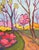 Spring Landscape Oil Painting, Cherry Trees, Yellow Forsythia, Garden Pathway For Sale