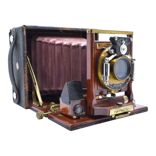 Antique 19th Century Mahogany & Brass Pony Premo B by Rochester Optical Co. Folding Camera With Red Bellows For Sale