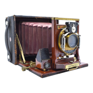 Antique 19th Century Mahogany & Brass Pony Premo B by Rochester Optical Co. Folding Camera With Red Bellows