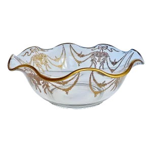 Antique Handblown Clear Glass Fruit Bowl With Gold Undulating Rim & Etched Floral Frieze Styled After St. Louis Crystal