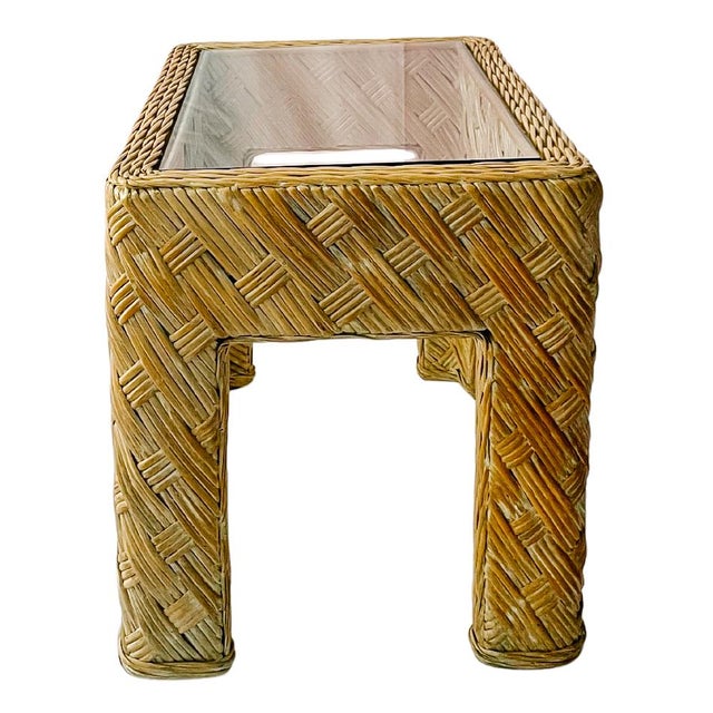 1980s Organic Modern Crosshatch Woven Rattan & Glass End Tables in the Style of Maitland-Smith – Pair For Sale - Image 11 of 12