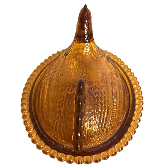Vintage Indiana Glass Amber Gold Hen on a Nest Covered 145Dish. Made of pressed glass and features a beaded edge around...