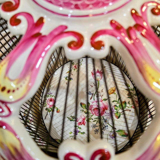 Large French Rococo Hand-Painted Porcelain Bird Cage With Original Floral Tray & Bird For Sale - Image 9 of 17