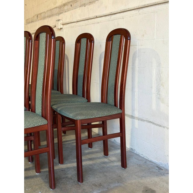 Green High Back Wooden Dining Chairs Set of 8 With Green Upholstery Vintage Mid-Century Modern For Sale - Image 8 of 9