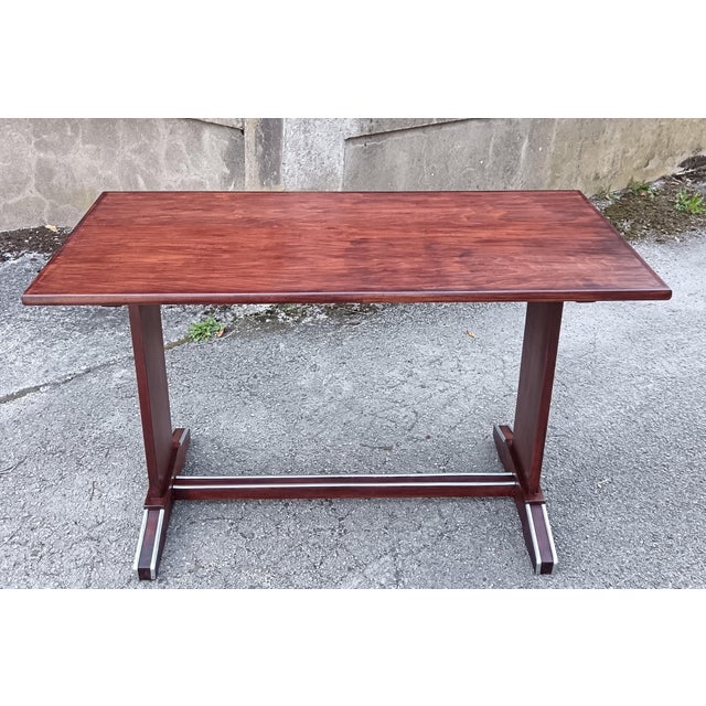 Dimensions: 120cm (L) x 74cm (H) x 60cm (D) Fully renovated solid wood bistro table - Teak stain with a treated worktop...