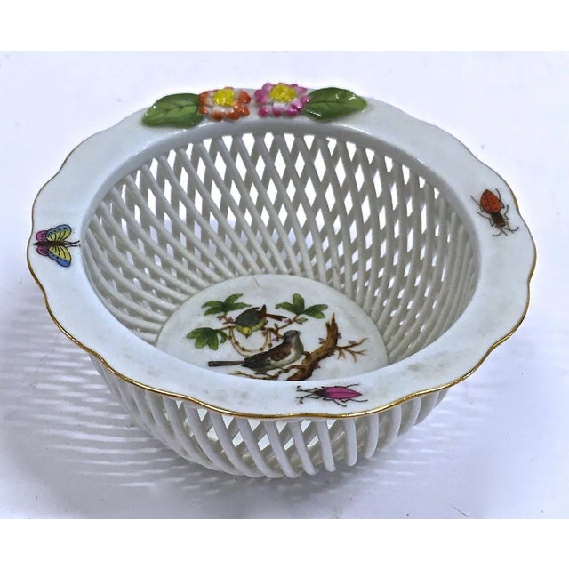 Vintage Herend reticulated wildbird and butterfly illustrations on basket dish with floral accents. Marked "Herend...