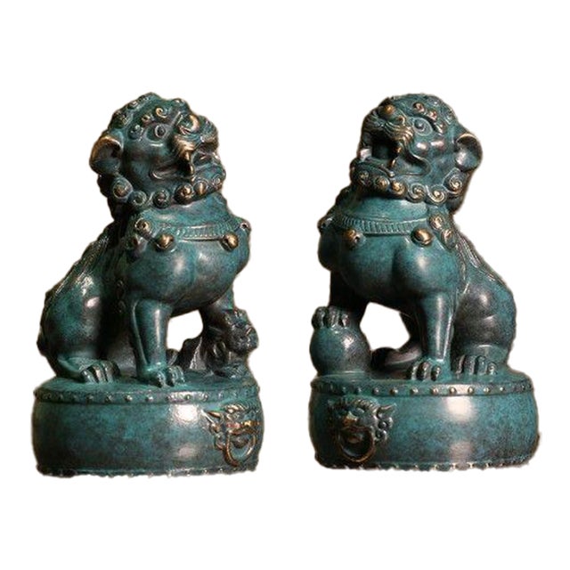 Pair of Vintage Chinese Bronze Guardian Lions – "Eastern Awakening Lion" Palace Foo Dogs For Sale