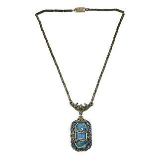 1920s Antique Art Deco Art Nouveau Blue Glass & Silver Tone Pendant Necklace, 14.5”. For Sale