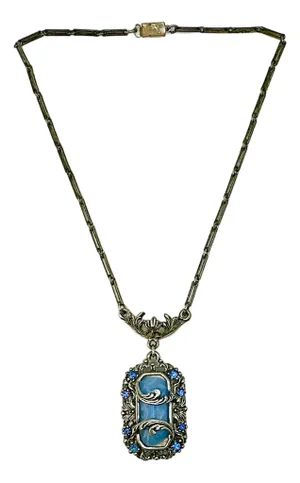 1920s Antique Art Deco Art Nouveau Blue Glass & Silver Tone Pendant Necklace, 14.5”.