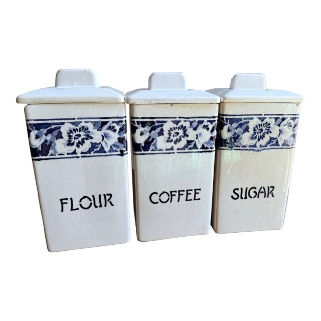 Mid-20th Century German Porcelain Kitchen Canister Set in Blue "Lilly" Patterns For Sale