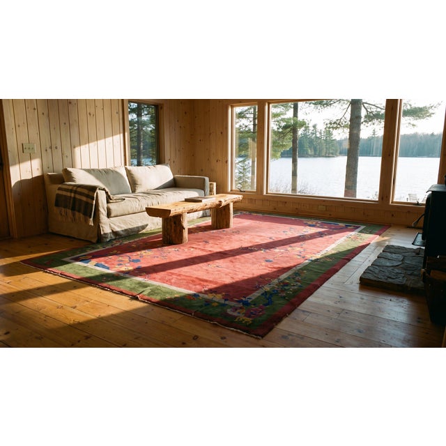 Gorgeous Tinys Flowers in a Floral Design With Cute Pink-Raspebery Background Antique Chinese Art Deco Rug For Sale - Image 9 of 11