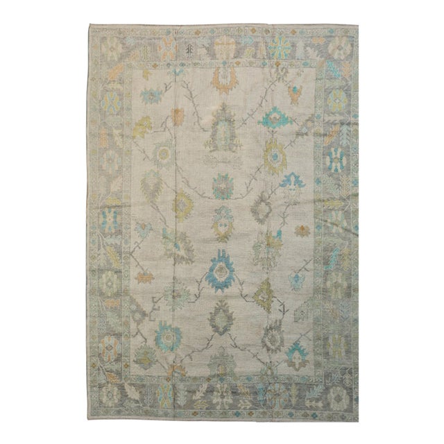 Contemporary Turkish Oushak Rug in Ivory With Turquoise and Yellow Floral Motifs, 10'x14' For Sale