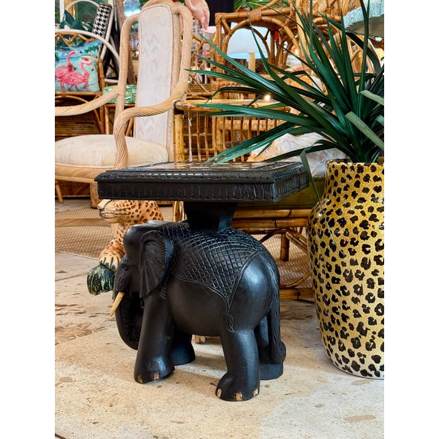 Mid-20th Century Hand-Carved Elephant Side Table With Bone Inlay Top For Sale - Image 11 of 12