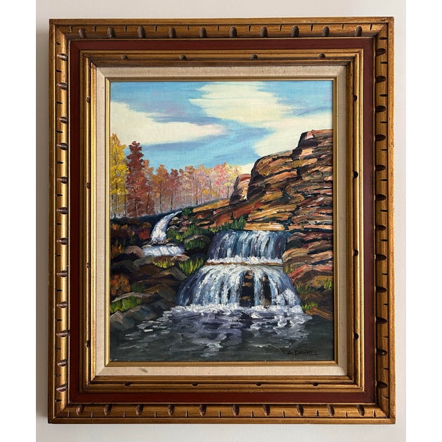 Impressionist Vintage 1960’s Impressionist Rocky Landscape Oil Painting With Waterfall For Sale - Image 3 of 6