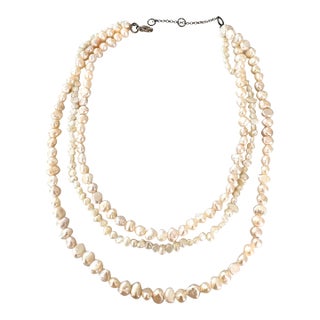 Stunning Three Strand Freshwater, Pearl Necklace For Sale