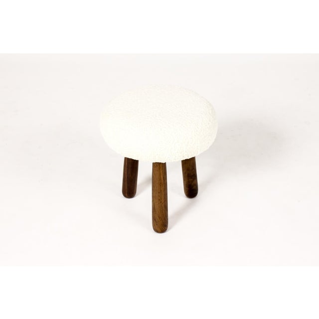 Mid-Century Modern Custom Awassi Tripod Ottoman Footstool — Turned Walnut Legs — Pearl Bouclé For Sale - Image 3 of 4