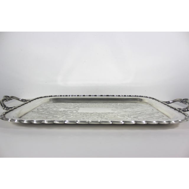 Extra Large Butler’s Tray Silver Plated Rectangular Platter Vintage Plate Ornate Shell or Fan Handles Embossed Serving For Sale - Image 9 of 13