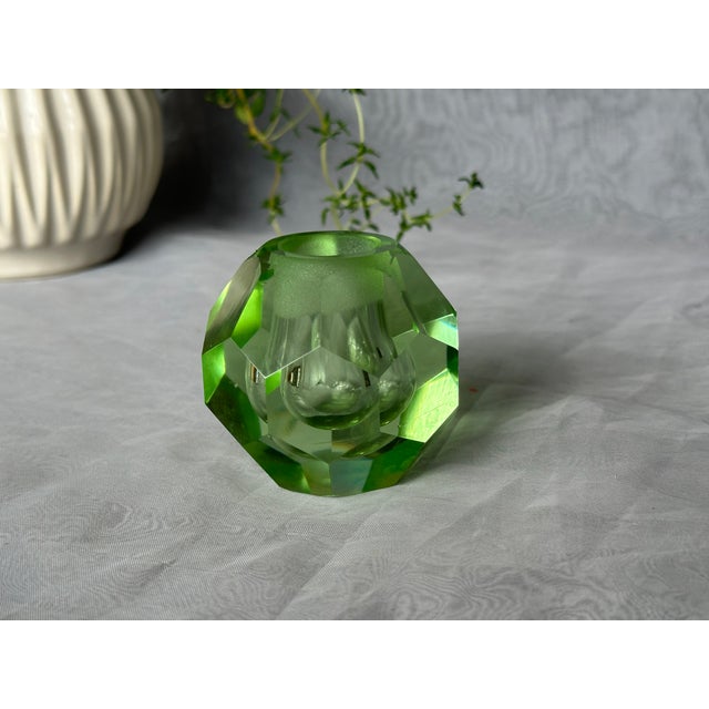 Vintage Faceted Green Glass Candlestick Holder or Paperweight For Sale - Image 4 of 11