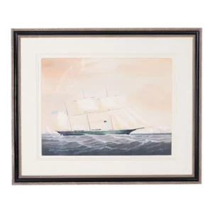 Antique Maritime Watercolor on Paper of a Yacht