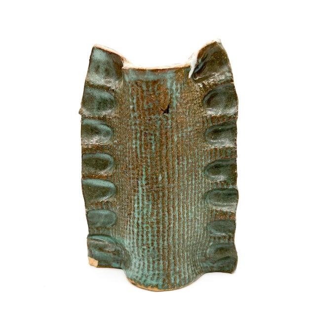 Vintage Aqua Blue Sculptural Ruffled Ceramic Studio Pottery Vase For Sale In Houston - Image 6 of 11