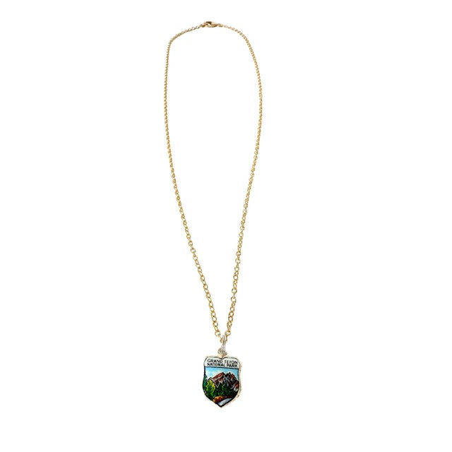 Wyoming Grand Teton National Park Fritz Reu Sterling Silver Enamel Vintage Charm on 18 Inch Gold Filled Necklace For Sale - Image 4 of 4