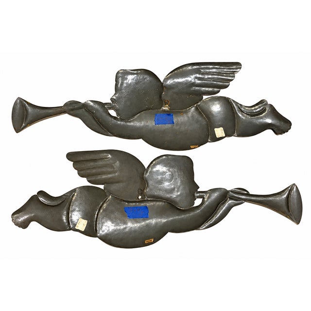 Dove Gray Large Vintage Christmas Trumpet Angels — Pair of Tin Folk Art Holiday Wall Decorations, 23.5ʺ For Sale - Image 8 of 9