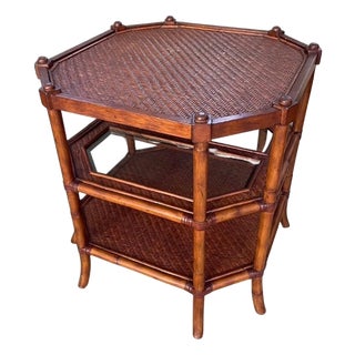Palm Beach Regency Octagonal 3-Tier Faux Bamboo Side Table With Woven Rattan & Glass For Sale