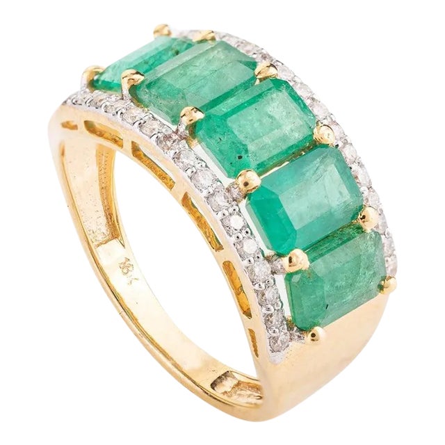Five Stone Emerald Diamond Ring Size 7 For Sale