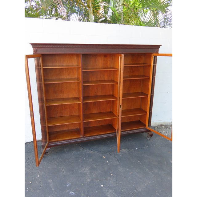 Early 1900s Tiger Oak Long Large China Cabinet Bookcase Cupboard 6583 For Sale - Image 10 of 18