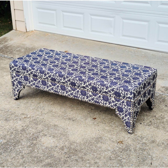 Ralph Lauren Style Oversized (5' Long) Blue & White Floral Upholstered Ottoman Bench For Sale - Image 9 of 9
