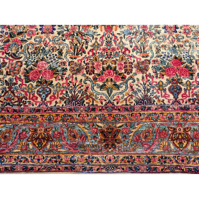 Vintage Oversized Persian Kerman Lavar Rug, Hand-Knotted Wool, Allover Floral Vase Pattern, Ivory & Turquoise, 9’ X 14’ For Sale - Image 14 of 18