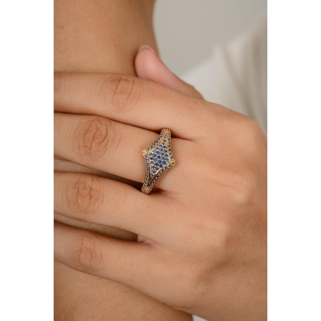 Art Deco Unique Blue Sapphire Pave Set Statement Ring in 14k Solid Gold Size 6 For Sale - Image 3 of 12
