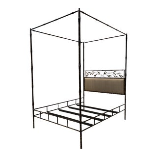 Ironies Faux Bamboo Metal Queen Size Canopy Bed with Upholstered Headboard. For Sale
