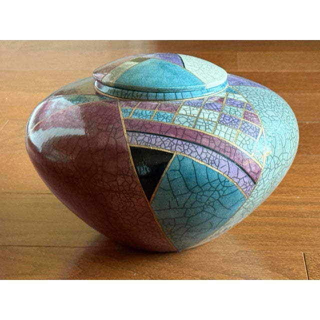 1998 Postmodern Mindy Brunn Handmade Geometric Signed and Dated Raku Ceramic 10" Centerpiece Lidded Vessel / Art Pottery For Sale - Image 4 of 18