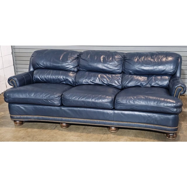 Hancock & Moore Hancock & Moore Blue Leather Sofa Nailhead Trim Three Cushions Outstanding For Sale - Image 4 of 13